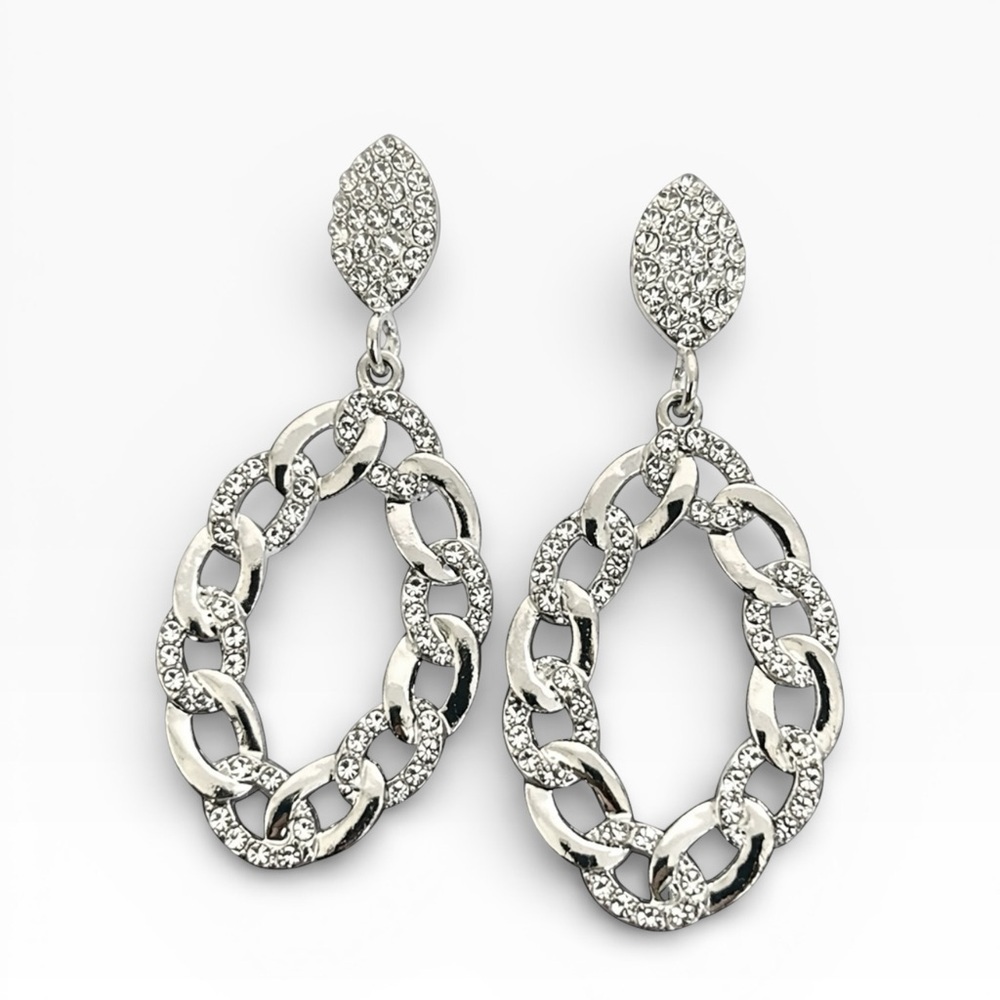 Tuckernuck Silver Crystal Pavé Chain Link Drop Earrings – 2.5” Statement Dangles - Picture 3 of 4